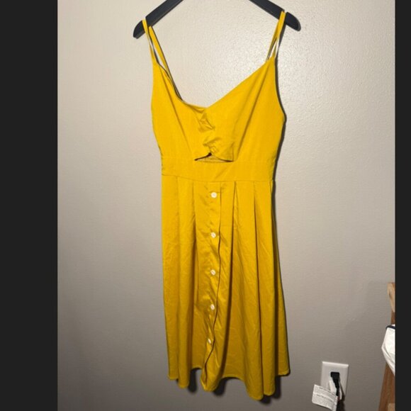Yellow Tie Front Button Down Spaghetti Strap Midi Dress - Tumeric color - Picture 1 of 12